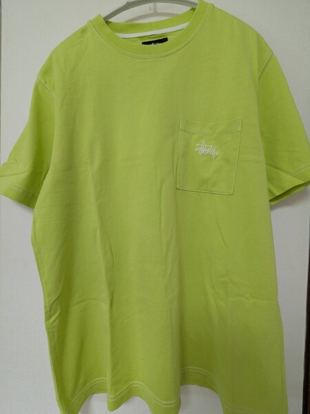 ステューシー ワンポイント 刺繍ストックロゴ Tシャツ S STUSSY ライムグリーン