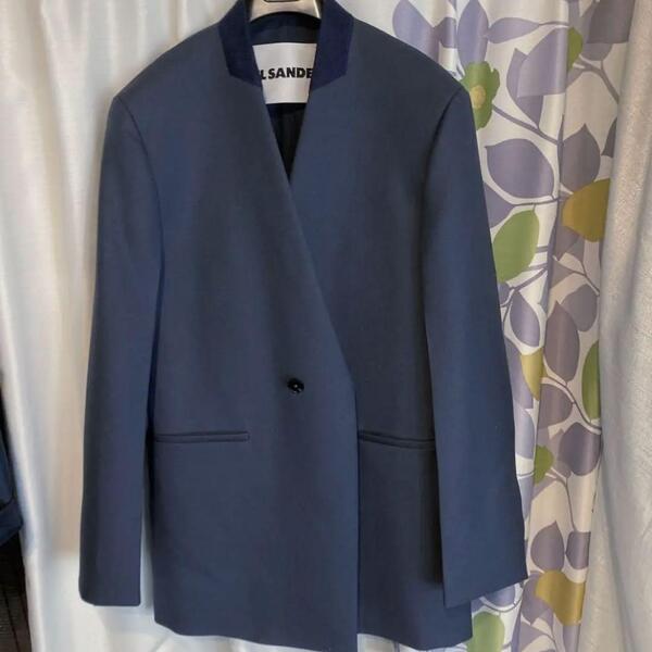 新品タグ付き Jil Sander ジルサンダー ノーカラージャケット メンズ ブルー アウター ジャケット