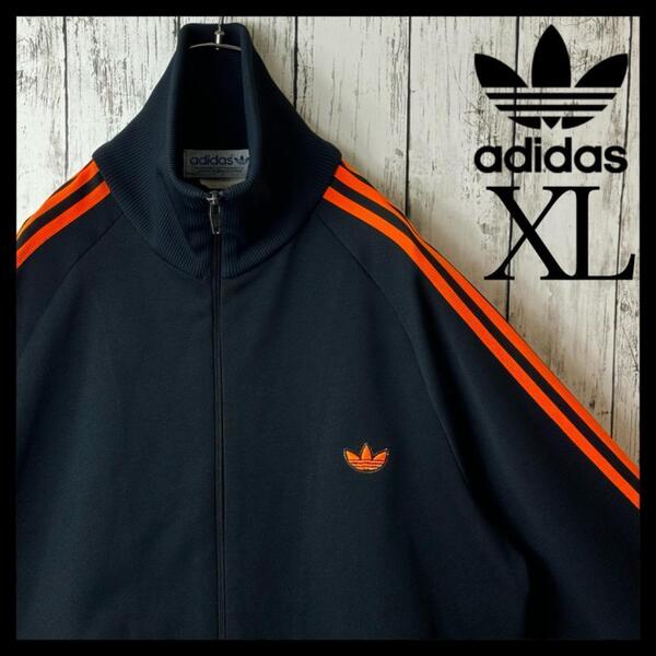 【超希少】アディダス デサント ジャージ 黒 オレンジ 5号 XL トレフォイル トラックジャケット ブラック Adidas