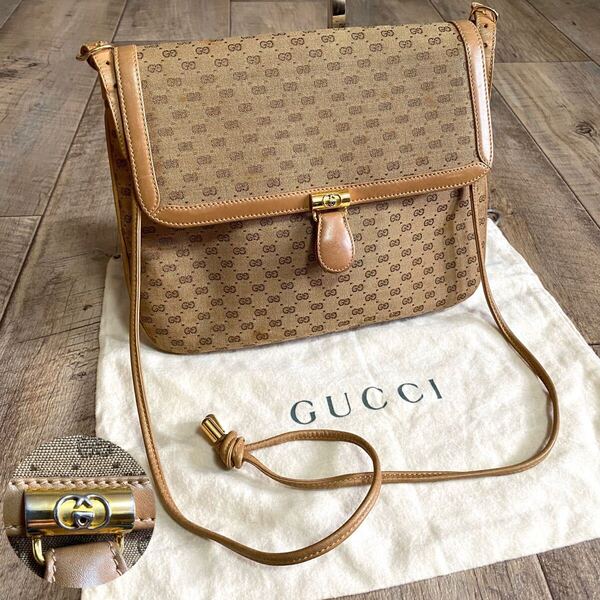 本物☆GUCCI グッチ マイクロGG キャンバス ミニショルダーバッグ 斜めがけ ブラウンベージュ 本革 ポシェット オールド レディース メンズ