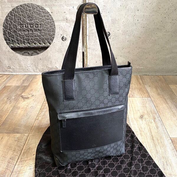 本物☆GUCCI グッチ GG柄 ナイロンキャンバス トートバッグ ハンドバッグ 黒 レザーバッグ ブラック 本革 A4可 オールド メンズ レディース