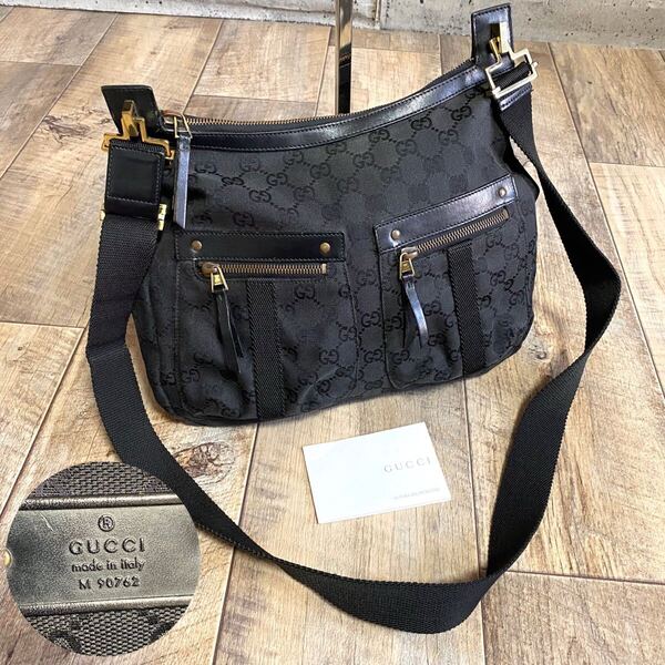 本物☆GUCCI グッチ GG柄 キャンバス レザー ショルダーバッグ 黒 斜めがけ ポシェット ボディバッグ ブラック オールド メンズ レディース