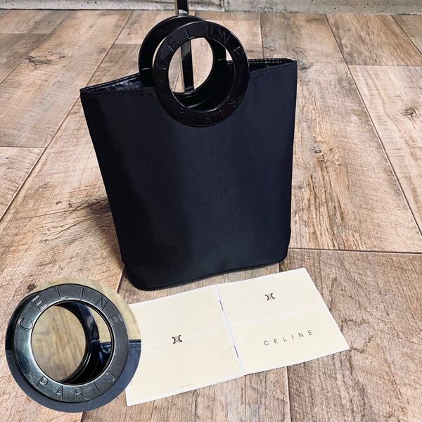 本物 CELINE セリーヌ サークルロゴ ハンドバッグ ミニトートバッグ キャンバス 黒 ミニバッグ ブラック オールド ヴィンテージ レディース