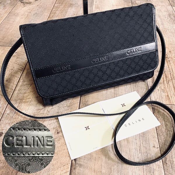 本物☆CELINE セリーヌ マカダム柄 キャンバス ミニショルダーバッグ 斜めがけ 黒 ボディバッグ ヴィンテージ オールド レディース メンズ