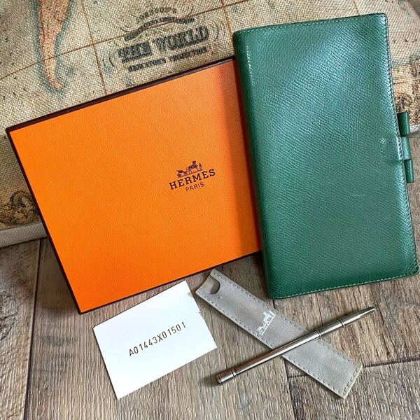 本物 HERMES エルメス アジェンダ ヴィジョン 手帳入れ グリーン ボールペン付 SV925 手帳カバー カードケース オールド レディース メンズ