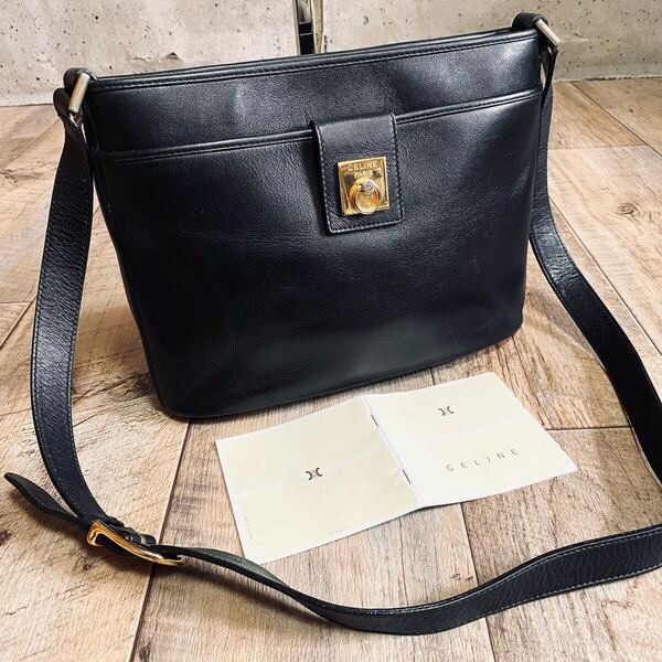 本物 CELINE セリーヌ ガンチーニ金具 ミニショルダーバッグ 斜めがけ 黒 ブラック ポシェット ボディバッグ サコッシュ メンズ レディース