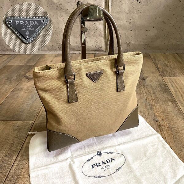 正規品☆PRADA プラダ キャンバス 三角ロゴ ミニトートバッグ ハンドバッグ ベージュ レザーバッグ ミニバッグ ビジネス レディース メンズ