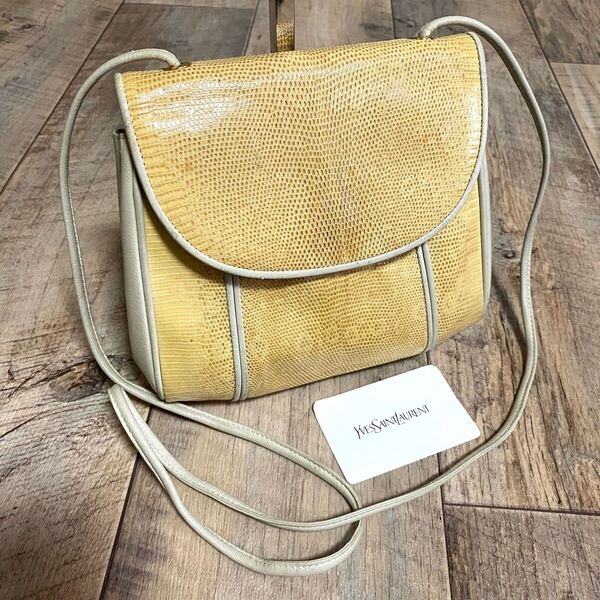 正規品☆YSL イヴサンローラン リザードレザー ミニショルダーバッグ ベージュ 斜めがけ ポシェット 本革 ヴィンテージ レディース メンズ