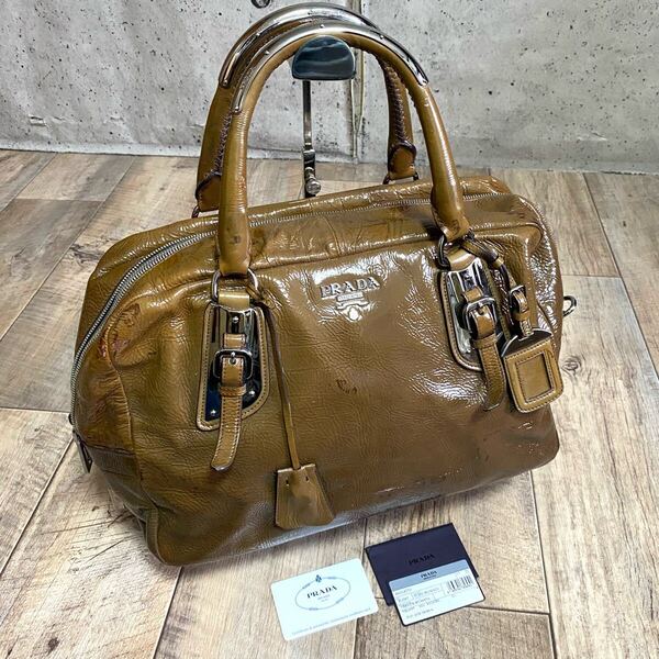 本物☆PRADA プラダ ロゴ ハンドバッグ ミニボストンバッグ ブラウン エナメル レザーバッグ トートバッグ A4 オールド レディース メンズ