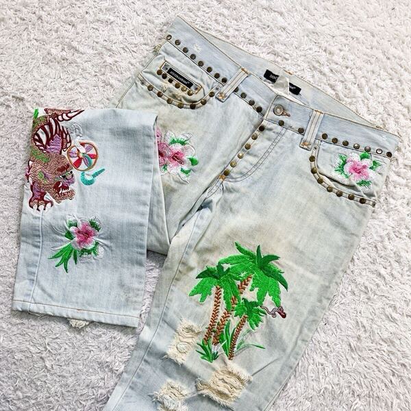 【希少】DOLCE&GABBANA ドルチェ&ガッバーナ デニムパンツ スタッズ 狛犬 花柄 刺繍 ブルー ジーンズ ジーパン