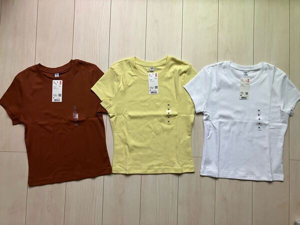 新品 ユニクロ ミニt 半袖 tシャツ トップス クロップド チビt レディース M 3枚 白 ホワイト 茶 ブラウン 黄 イエロー