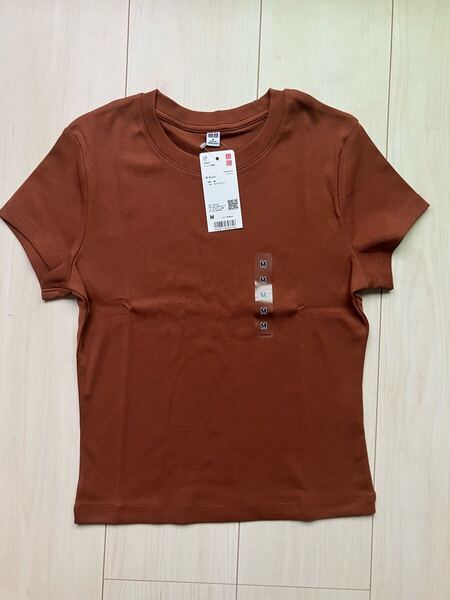 新品 ユニクロ ミニt 半袖 tシャツ トップクロップド丈 レディース M 茶 ブラウン クルーネック