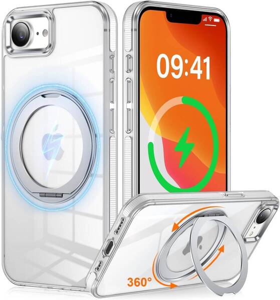 iPhone 16e 用 ケース 多機能360度回転スタンド 縦横両用 マグネット搭載 MagSafe対応 滑り止めドット模様 OURJOY スマホケース アイフォン