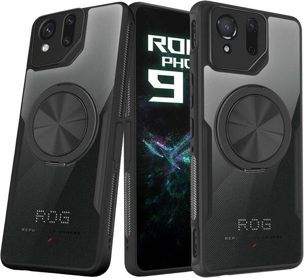 ROG Phone 9 ケース / ROG9 Pro ケース Mag-Safe対応 360°回転スタンド付き シリコーン スマホカバー - 縦横両対応 フル保護 クリアバック