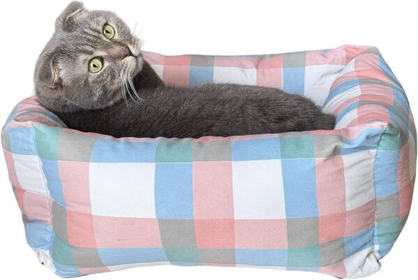 猫のベッド チェック柄 スクエア型 50cm×45cm かわいい クッション付き 取り外し可能 滑り止め ペットベッド 犬 通年 オールシーズン対応