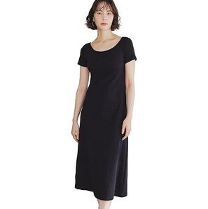 バンビウォーター ワンピース レディース カップ付き ブラトップ 半袖 綿 ロング ミモレ丈 ボートネック きれいめ 無地 (M,ブラック)