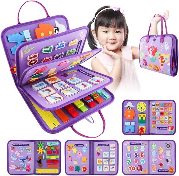 知育玩具 モンテッソーリおもちゃ ビジーボード - 英語教育 1歳 2歳 3歳 4歳 5歳 色 形 数字認識 英語学習 お着替えの練習 指先訓練