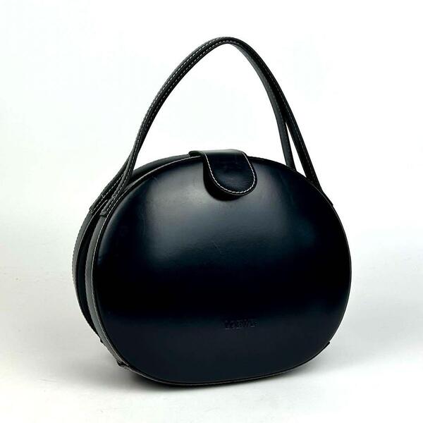 美品●LOEWE ロエベ ハンドバッグ ロゴ型押し ラウンド がま口 サークル ステッチ レザー 濃紺 ダークネイビー 黒系 フォーマル 男女兼用