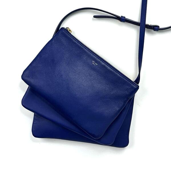 【美品】CELINE セリーヌ ショルダーバッグ トリオ スモール ゴールド金具 ポーチ 斜め掛け レザー 青色 ブルー フォーマル 男女兼用