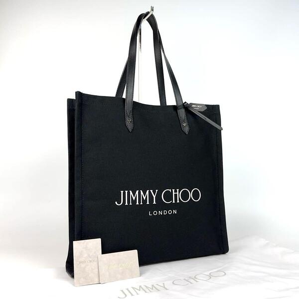 未使用●保管品●JIMMY CHOO ジミーチュウ トートバッグ ロゴ 肩掛け チャーム レザー キャンバス 黒 ブラック A4収納可能 大容量 男女兼用