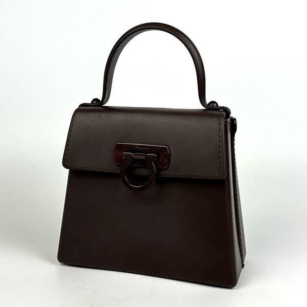 美品●希少●Salvatore Ferragamo フェラガモ ハンドバッグ ロゴ ガンチーニ ミニ トートバッグ ラバー 焦げ茶色 ダークブラウン 男女兼用