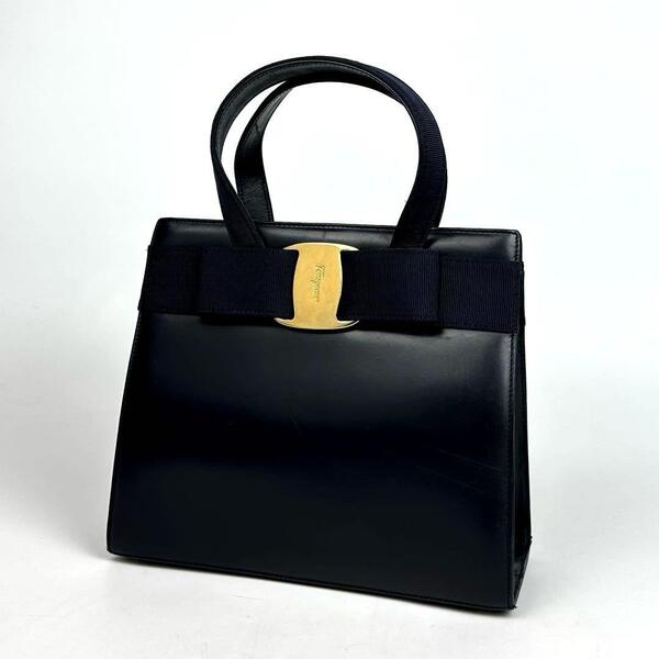 美品●Salvatore Ferragamo フェラガモ ハンドバッグ ヴァラリボン ゴールド金具 裏地総柄 ミニトート レザー 濃紺 ダークネイビー 黒系