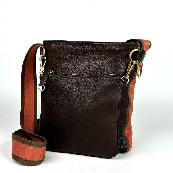 希少●LOEWE ロエベ ショルダーバッグ ロゴ型押し 裏地総柄 斜め掛け シボ革 ポシェット レザー 焦げ茶 ダークブラウン 男女兼用 ポーチ付