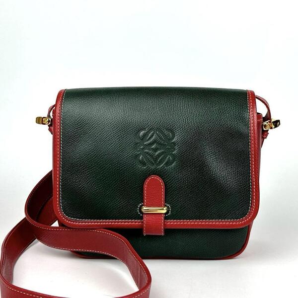 人気●LOEWE ロエベ ショルダーバッグ アナグラム ロゴ型押し 斜め掛け ゴールド金具 ベルト シボ革 レザー バイカラー 緑 赤 男女兼用