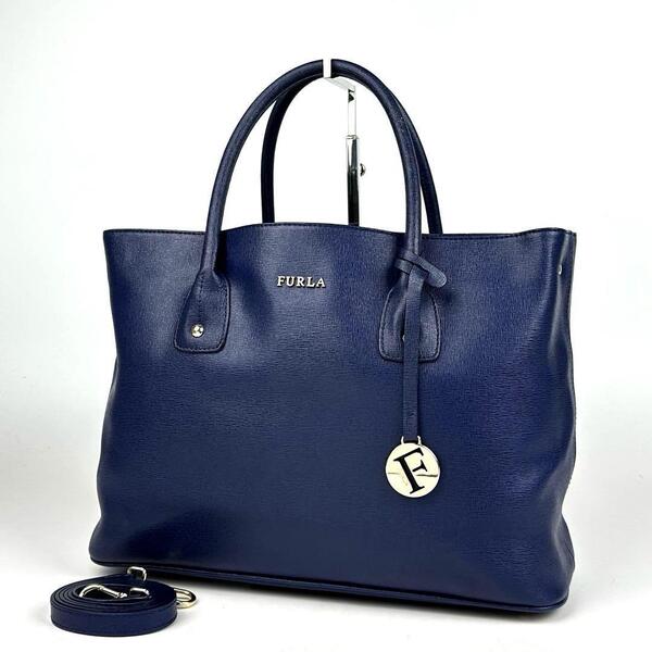 美品●FURLA フルラ リンダ ハンドバッグ 2way ショルダーバッグ 斜め掛け ゴールド金具 サフィアーノレザー 青 ブルー Fチャーム付き