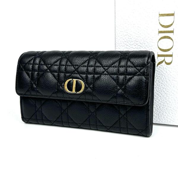 【美品】Christian Dior ディオール 長財布 カロ オーキッド カナージュ CD金具 アイコン ウォレット キルティング レザー 黒色 ブラック