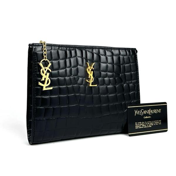 美品■Yves Saint Laurent イヴサンローラン クラッチバッグ YSL カサンドラ チャーム ハンドバッグ クロコ レザー 黒 ブラック フォーマル