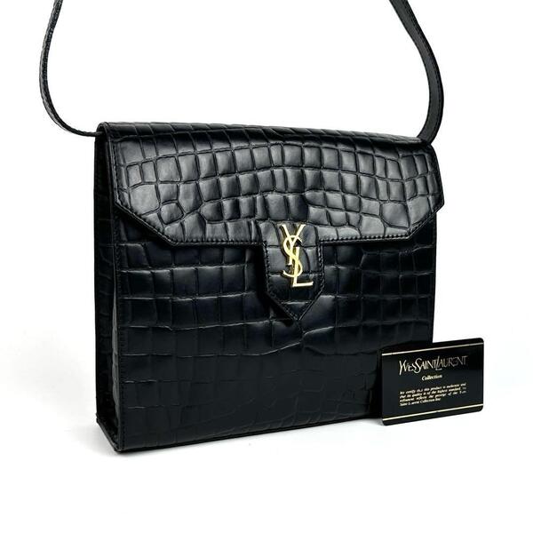 【美品】Yves Saint Laurent イヴサンローラン ショルダーバッグ 2way YSL カサンドラ 斜め掛け クロコ レザー 黒色 ブラック フォーマル