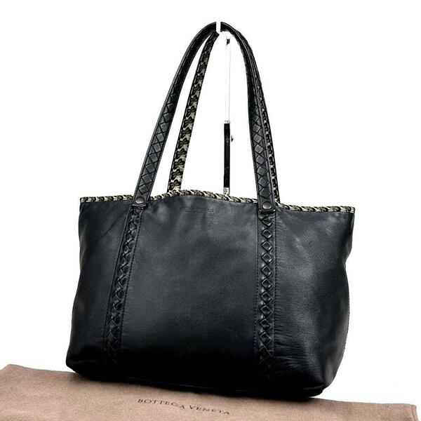 美品■BOTTEGA VENETA ボッテガヴェネタ トートバッグ イントレチャート 蝶 総柄 リバーシブル ショルダーバッグ レザー 黒 ブラック A4可