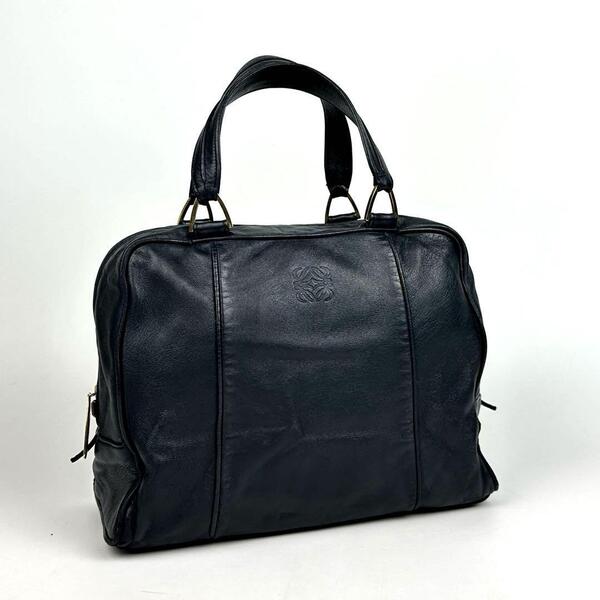 人気●LOEWE ロエベ ハンドバッグ アナグラム ロゴ型押し ミニボストン 裏地総柄 ナッパレザー 濃紺 ダークネイビー 黒系 男女兼用