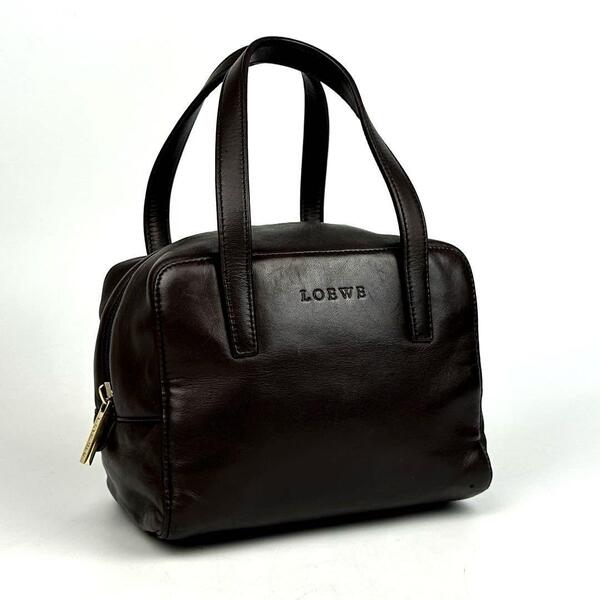 人気●LOEWE ロエベ ハンドバッグ ロゴ型押し ゴールド金具 ミニボストン 裏地総柄 ナッパレザー 焦げ茶色 ダークブラウン 男女兼用
