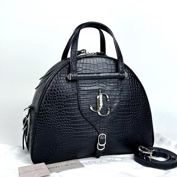 極美品●JIMMY CHOO ジミーチュウ ヴァレンヌ ボーリングバッグ 2way ショルダーバッグ 斜めがけ クロコ レザー 濃紺 ダークネイビー 黒