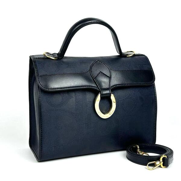 【美品】Christian Dior ディオール ハンドバッグ 2way オーバル トロッター 総柄 肩掛け ショルダーバッグ レザー 紺色 ネイビー 男女兼用
