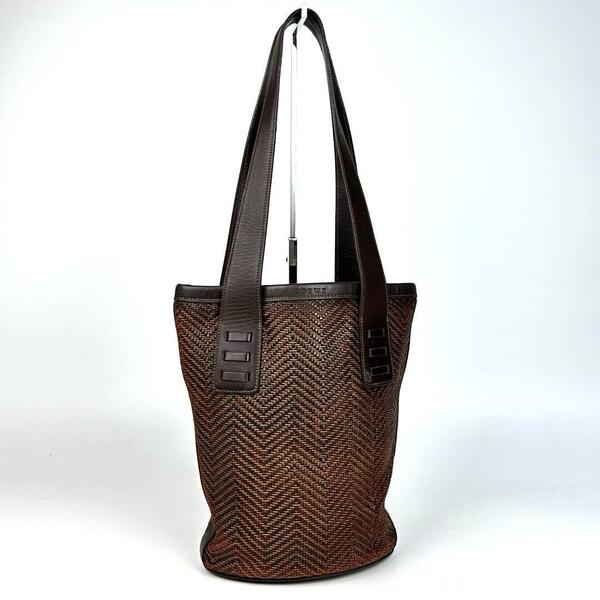 美品●LOEWE ロエベ トートバッグ ロゴ型押し バケツ型 編み込み かごバッグ 肩掛け 裏地総柄 アナグラム レザー 焦げ茶色 ダークブラウン