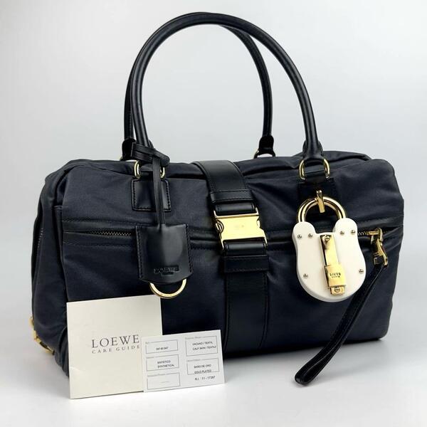 美品●LOEWE ロエベ ハンドバッグ ローラ33 ゴールド金具 クマチャーム ミニボストン 肩掛け レザー 黒 ブラック フォーマル 男女兼用 A4