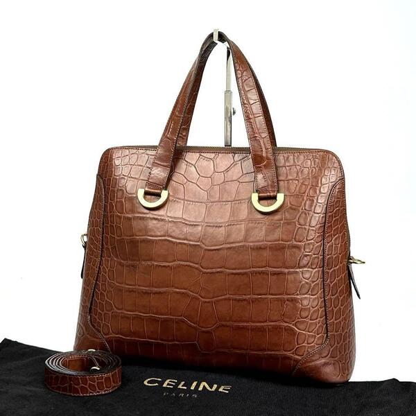 【美品】CELINE セリーヌ ハンドバッグ 2way サークル ゴールド金具 斜め掛け ショルダーバッグ クロコ レザー ブラウン 茶色 男女兼用