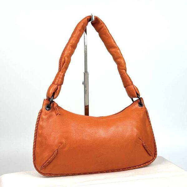 【美品】BOTTEGA VENETA ボッテガヴェネタ ワンショルダー 肩掛け イントレチャート 編み込み ハンドバッグ レザー オレンジ フォーマル