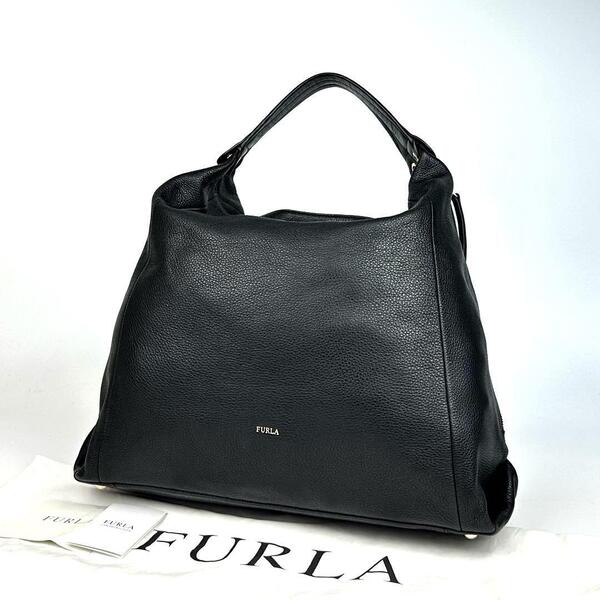 美品●FURLA フルラ エリザベス トートバッグ ゴールド金具 ハンドバッグ 肩掛け 裏地総柄 レザー オニキス ブラック 黒 フォーマル A4可能