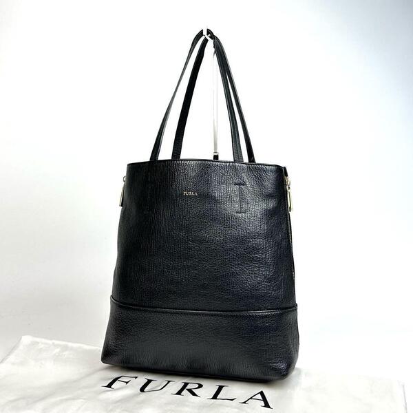 希少●FURLA フルラ トートバッグ ゴールド金具 裏地総柄 ハンドバッグ 肩掛け サイドジップ レザー オニキス ブラック 黒 フォーマル