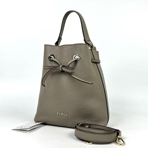 極美品●FURLA フルラ コスタンザ ハンドバッグ 2way ショルダーバッグ リボン 巾着 斜め掛け シボ革 レザー サッビア グレージュ ベージュ