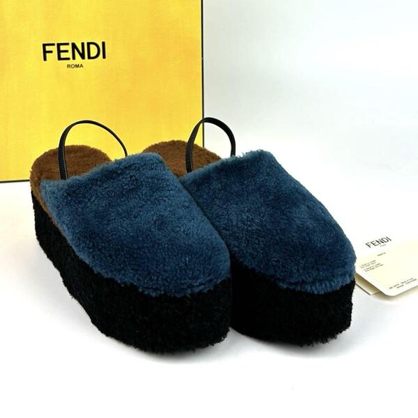 極美品■FENDI フェンディ ミュール 36 サンダル アンクルストラップ マルチカラー ムートン ファー ボア ブルー ブラウン ブラック 23.5cm