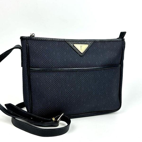 【美品】Yves Saint Laurent イヴサンローラン ショルダーバッグ YSL カサンドラ 総柄 斜め掛け PVC レザー 紺 ネイビー 黒 ブラック