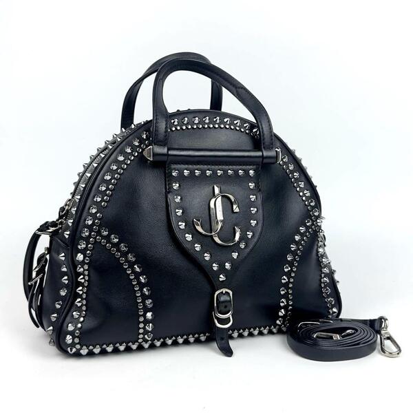 美品JIMMY CHOO ジミーチュウ ヴァレンヌ 2way ボーリングバッグ JC スタッズ ショルダーバッグ 斜めがけ レザー 黒色 ブラック