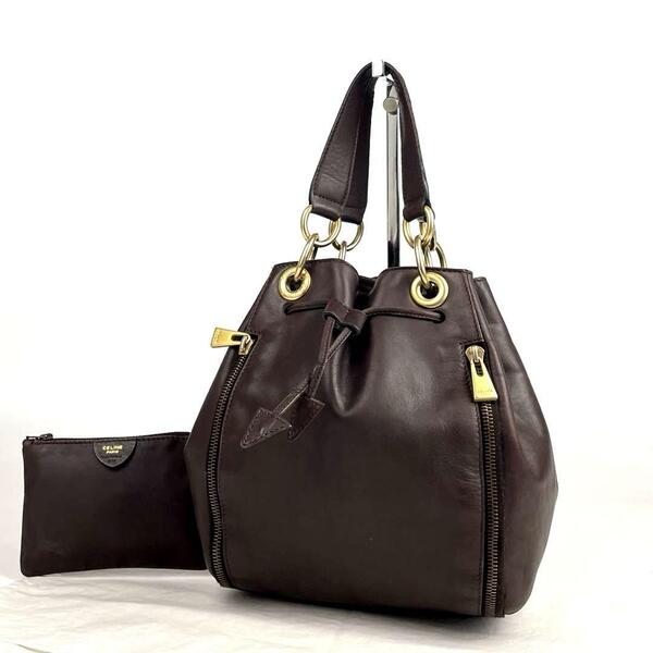 【希少】CELINE セリーヌ ハンドバッグ サークル チェーン 巾着 リング サイドジップ レザー 焦げ茶色 ダークブラウン 男女兼用 ポーチ付き