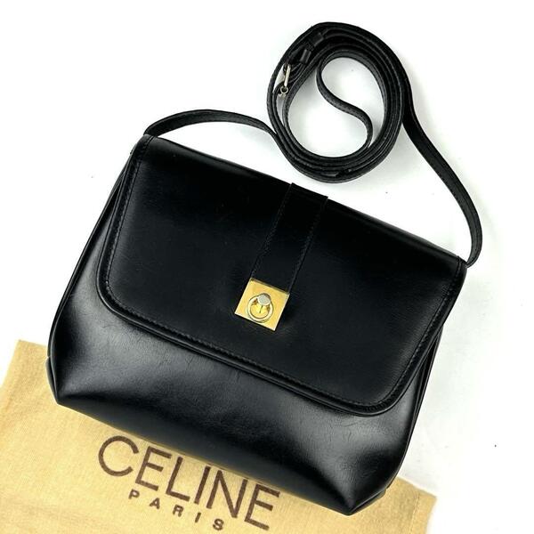 【人気】CELINE セリーヌ ショルダーバッグ 2way サークル リング ゴールド金具 斜め掛け カーフレザー 黒色 ブラック フォーマル 男女兼用