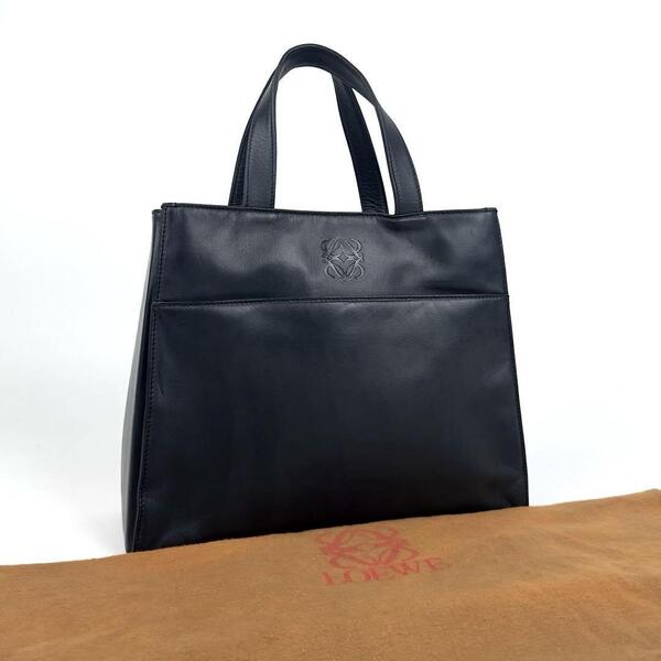 美品●LOEWE ロエベ ハンドバッグ アナグラム ロゴ型押し ミニ トートバッグ ナッパレザー 濃紺 ダークネイビー 黒系 フォーマル 男女兼用